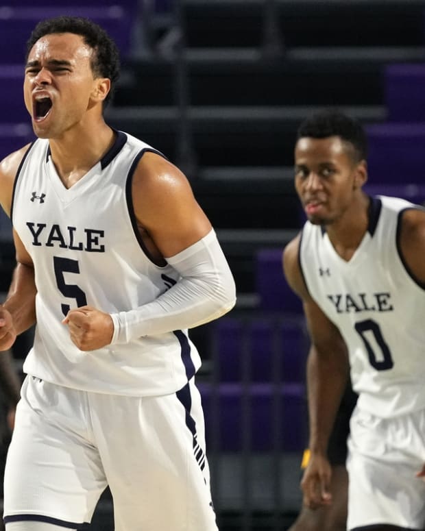 Nov 24, 2021; Fort Myers, FL, USA; Yale Bulldogs guard Azar Swain (5) reacts after making a three point basket against the Milwaukee Panthers during the second half at Suncoast Credit Union Arena. Mandatory Credit: Jasen Vinlove-USA TODAY Sports
